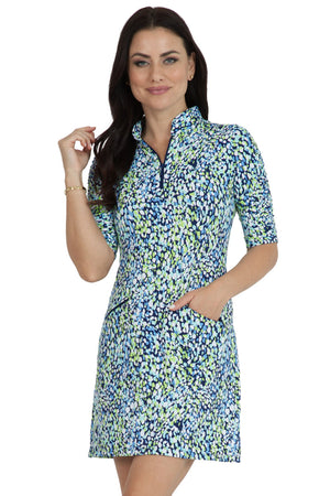IBKUL Naomi Dress in Navy/Lime. Abstract brush print in lime and white on a navy background. 1/4 zip mock neck. Elbow sleeves with ruched hem. 2 front slant zip pockets. A line shape. Classic fit._34976832651464