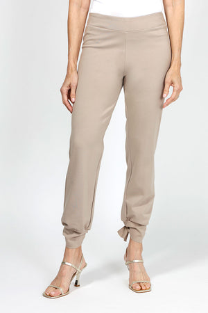 Planet Scuba Tied Up Pants in Fawn.  Pull on pant with 2" waistband.  Slim leg with tie detail at hem.  _34953280651464
