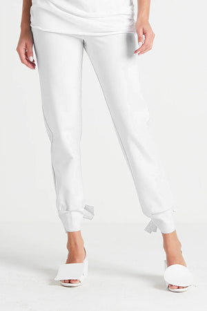 Planet Scuba Tied Up Pants in White. Pull on pant with 2" waistband. Slim leg with tie detail at hem._34953285927112