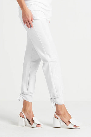Planet Scuba Tied Up Pants in White. Pull on pant with 2" waistband. Slim leg with tie detail at hem._34953285894344