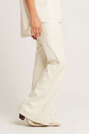 Planet Vegan Leather Bell Bottom in Stone.  Knit waistband pull on pant with flared hem.  31" inseam._61256474919278
