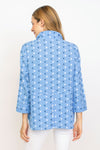 Habitat Dots Shirttail Top in Cornflower with embroidered blue and white dots. Pointed collar button down with dropped waist seaming. Hidden front pocket with button. 3/4 sleeve with cuff. 3 button detail at lower back hem. High low hem. Relaxed fit._t_35407371075784