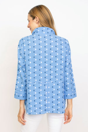 Habitat Dots Shirttail Top in Cornflower with embroidered blue and white dots. Pointed collar button down with dropped waist seaming. Hidden front pocket with button. 3/4 sleeve with cuff. 3 button detail at lower back hem. High low hem. Relaxed fit._35407371075784