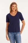 Mododoc Open V Neck Boxy Tee in Navy.  Double edge v neck, short sleeve cotton/linen tee.  High low hem, curved in back. Raw edges.  Relaxed, boxy fit. _t_60201047982446
