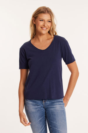 Mododoc Open V Neck Boxy Tee in Navy.  Double edge v neck, short sleeve cotton/linen tee.  High low hem, curved in back. Raw edges.  Relaxed, boxy fit. _60201047982446