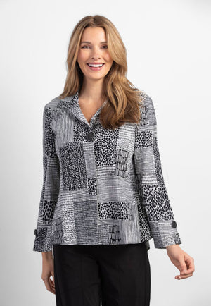Habitat Organic Swing Shirt in Black & White.  Geometric patchwork print.  Pointed collar with open neckline.  Single novelty button and hidden button placket.  Bracelet sleeve with button detail.  Curved hem. Relaxed fit._34654933516488