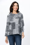 Habitat Organic Abstract High Low top in Putty. Draped cowl neck, 3/4 sleeve. Abstract geometric patchwork print. Side seams wrap to front. 2 button detail at each seam hem. High low hem. Relaxed fit._t_34657061798088