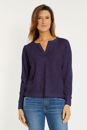 Mododoc Split Hem Tee in Navy Licorice.  Crew neck with split neckline and banded placket.  Long gathered sleeve with rib cuff.  Slub cotton.  Slightly curved hem.  Relaxed fit._52875855004014