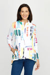 Top LIgne Color Lines Zip Jacket.  Abstract color lines in bright colors. Zip front long sleeve jacket with stand collar.  High low hem.  Curved in back.  A line shape.  Relaxed fit._t_60253090447726