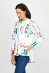 Top LIgne Color Lines Zip Jacket.  Abstract color lines in bright colors. Zip front long sleeve jacket with stand collar.  High low hem.  Curved in back.  A line shape.  Relaxed fit._t_60253090480494