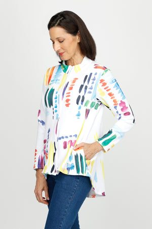 Top LIgne Color Lines Zip Jacket.  Abstract color lines in bright colors. Zip front long sleeve jacket with stand collar.  High low hem.  Curved in back.  A line shape.  Relaxed fit._60253090480494