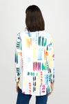 Top LIgne Color Lines Zip Jacket.  Abstract color lines in bright colors. Zip front long sleeve jacket with stand collar.  High low hem.  Curved in back.  A line shape.  Relaxed fit._t_60253090611566