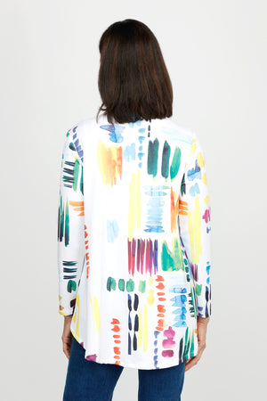 Top LIgne Color Lines Zip Jacket.  Abstract color lines in bright colors. Zip front long sleeve jacket with stand collar.  High low hem.  Curved in back.  A line shape.  Relaxed fit._60253090611566