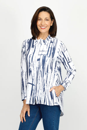 Top LIgne Vertical Lines Zip Jacket.  Abstract brush stroke lines in navy on white. Zip front long sleeve jacket with stand collar.  High low hem.  Curved in back.  A line shape.  Relaxed fit._60253034152302