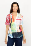 Top Ligne Abstract Scribbles Henley in Multi.  Knit collared popover with 2 button placket.  Short sleeves with button tab.  Clear sequin trim at placket and hem.  Curved hem. Relaxed fit._t_61205473198446