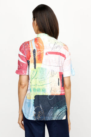 Top Ligne Abstract Scribbles Henley in Multi.  Knit collared popover with 2 button placket.  Short sleeves with button tab.  Clear sequin trim at placket and hem.  Curved hem. Relaxed fit._61205473231214