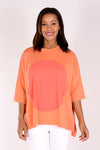 Planet ORB T in Creamsicle with a large Watermelon screen print circle in front. Crew neck with drop shoulder and 3/4 length sleeve. High low hem. Oversized fit._t_34239542919368