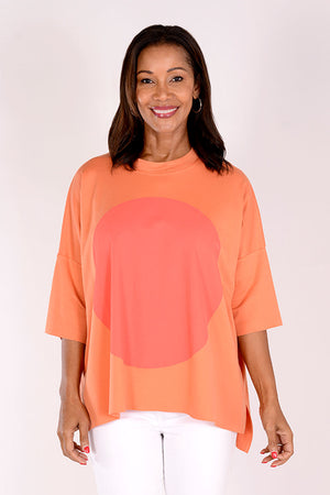 Planet ORB T in Creamsicle with a large Watermelon screen print circle in front. Crew neck with drop shoulder and 3/4 length sleeve. High low hem. Oversized fit._34239542919368
