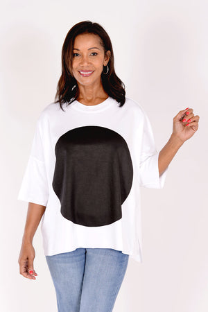 Planet ORB T in White with a large Black screen print circle in front. Crew neck with drop shoulder and 3/4 length sleeve. High low hem. Oversized fit._34239542984904