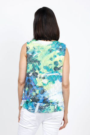 Top Ligne Artsy Crochet Tank in Blue Green. 2 piece v neck tank. Underlayer has attached printed lace flounce. Shorter open weave screen printed top layer. Relaxed fit._35322837369032