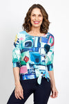 Top Ligne Abstract Geometric Tie Front Top in Multi.  Bright abstract multi colored geometric print.  Crew neck 3/4 sleeve top with off center front tie at hem.  Relaxed fit._t_35438947958984