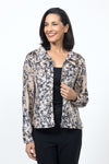 Top Ligne Chenille Crackle Print Jacket in Black on a beige  background.  Pointed collar button down screen printed chenille with long sleeves and button cuffs.  Metallic silver grommet buttons.  Relaxed fit._t_34553787023560