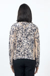 Top Ligne Chenille Crackle Print Jacket in Black on a beige background. Pointed collar button down screen printed chenille with long sleeves and button cuffs. Metallic silver grommet buttons. Relaxed fit._t_34553786958024