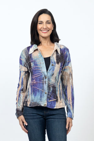 Top Ligne Chenille Splash Jacket in shades of Blue.  Splash print on chenille.  Sublimation printing allows for streaks of the beige base to show through.  Pointed collar button down jacket with long sleeves and button cuffs.  Metal grommet buttons.  Relaxed fit._34553543426248