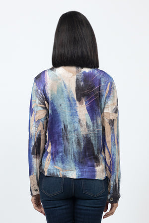Top Ligne Chenille Splash Jacket in shades of Blue. Splash print on chenille. Sublimation printing allows for streaks of the beige base to show through. Pointed collar button down jacket with long sleeves and button cuffs. Metal grommet buttons. Relaxed fit._34553543459016