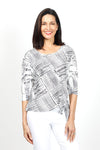 Top Ligne Woven Side Tie Top.  Black woven line print on a white background.  Crew neck 3/4 sleeve top with an asymmetric front tie.  Relaxed fit._t_35032737087688