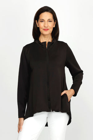 Top Ligne Solid Zip Jacket in Black.  Mock neck zip front jacket with 2 front inseam pockets.  High low hem.  A line shape.  Relaxed fit._60253267886446