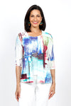top Ligne Square Print Cardi Set. Multi colored screen print abstract squares on white background. 2 piece set with printed tank and lightweight open draped cardigan. Cardigan has small circular stamped cut outs. Relaxed fit._t_35334462472392