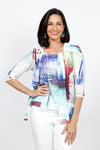 top Ligne Square Print Cardi Set.  Multi colored screen print abstract squares on white background.  2 piece set with printed tank and lightweight open draped cardigan.  Cardigan has small circular stamped cut outs. Relaxed fit._t_35334462406856