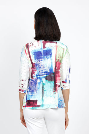 top Ligne Square Print Cardi Set. Multi colored screen print abstract squares on white background. 2 piece set with printed tank and lightweight open draped cardigan. Cardigan has small circular stamped cut outs. Relaxed fit._35334462570696