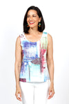 top Ligne Square Print Cardi Set. Multi colored screen print abstract squares on white background. 2 piece set with printed tank and lightweight open draped cardigan. Cardigan has small circular stamped cut outs. Relaxed fit._t_35334462374088