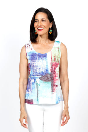 top Ligne Square Print Cardi Set. Multi colored screen print abstract squares on white background. 2 piece set with printed tank and lightweight open draped cardigan. Cardigan has small circular stamped cut outs. Relaxed fit._35334462374088