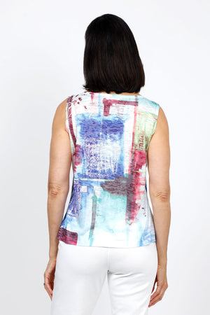 top Ligne Square Print Cardi Set. Multi colored screen print abstract squares on white background. 2 piece set with printed tank and lightweight open draped cardigan. Cardigan has small circular stamped cut outs. Relaxed fit._35334462505160