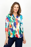 Top Ligne Color Party Mandarin Collar Top in Multi.  Bright streaks of bold collar on white.  Mandarin collar woven top with notched v neck and 2 button placket.  3/4 sleeve.  Clear sequin trim on collar.  Single breast patch pocket with clear sequins.  Back yoke. High low hem.  Relaxed fit._t_61437046718830