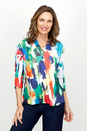 Top Ligne Color Party Mandarin Collar Top in Multi.  Bright streaks of bold collar on white.  Mandarin collar woven top with notched v neck and 2 button placket.  3/4 sleeve.  Clear sequin trim on collar.  Single breast patch pocket with clear sequins.  Back yoke. High low hem.  Relaxed fit._61437046718830