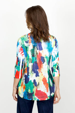 Top Ligne Color Party Mandarin Collar Top in Multi.  Bright streaks of bold collar on white.  Mandarin collar woven top with notched v neck and 2 button placket.  3/4 sleeve.  Clear sequin trim on collar.  Single breast patch pocket with clear sequins.  Back yoke. High low hem.  Relaxed fit._61437046751598
