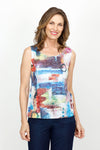 Top Ligne Abstract Shapes Cardi Set in Multi.  Multi colored 2 piece set with screen print tank top and open front matching cardi.  Cardigan has 3/4 sleeve and mesh insets with sequin detail at the sides.  Sleeveless crew neck tank.  Cardi is longer than the tank.  Relaxed fit._t_61436912664942