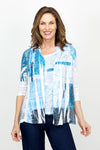 Top Ligne Abstract Scribbles Cardi Set in Multi.  Shades of blue and black 2 piece set with screen print tank top and open front matching cardi.  Cardigan has 3/4 sleeve and mesh insets with sequin detail at the sides.  Sleeveless crew neck tank.  Cardi is longer than the tank.  Relaxed fit._t_61430998434158