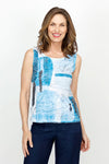 Top Ligne Abstract Scribbles Cardi Set in Multi.  Shades of blue and black 2 piece set with screen print tank top and open front matching cardi.  Cardigan has 3/4 sleeve and mesh insets with sequin detail at the sides.  Sleeveless crew neck tank.  Cardi is longer than the tank.  Relaxed fit._t_61430998499694