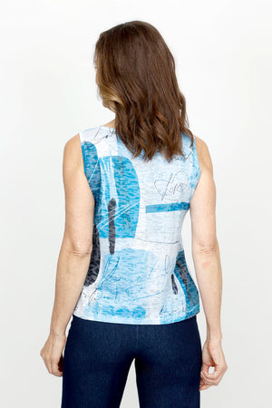 Top Ligne Abstract Scribbles Cardi Set in Multi.  Shades of blue and black 2 piece set with screen print tank top and open front matching cardi.  Cardigan has 3/4 sleeve and mesh insets with sequin detail at the sides.  Sleeveless crew neck tank.  Cardi is longer than the tank.  Relaxed fit._61430998532462