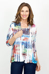 Top Ligne Abstract Shapes Cardi Set in Multi.  Multi colored 2 piece set with screen print tank top and open front matching cardi.  Cardigan has 3/4 sleeve and mesh insets with sequin detail at the sides.  Sleeveless crew neck tank.  Cardi is longer than the tank.  Relaxed fit._t_61436912599406