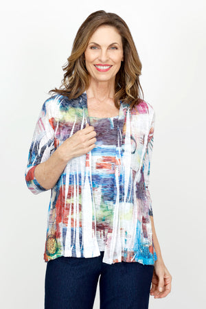 Top Ligne Abstract Shapes Cardi Set in Multi.  Multi colored 2 piece set with screen print tank top and open front matching cardi.  Cardigan has 3/4 sleeve and mesh insets with sequin detail at the sides.  Sleeveless crew neck tank.  Cardi is longer than the tank.  Relaxed fit._61436912599406