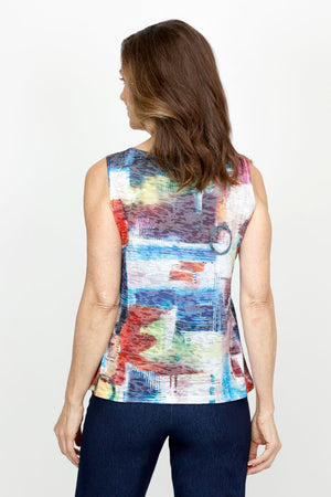 Top Ligne Abstract Shapes Cardi Set in Multi.  Multi colored 2 piece set with screen print tank top and open front matching cardi.  Cardigan has 3/4 sleeve and mesh insets with sequin detail at the sides.  Sleeveless crew neck tank.  Cardi is longer than the tank.  Relaxed fit._61436912697710
