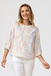 Habitat Carnival Stripe Top.  Textured stripes in rainbow colors.  Bi directional pieced panels in front and back.  3/4 loose sleeve with slit hem and button trim.  Back center button panel.  Relaxed fit._t_60126502388078