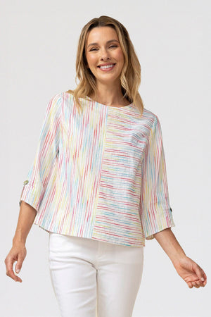 Habitat Carnival Stripe Top.  Textured stripes in rainbow colors.  Bi directional pieced panels in front and back.  3/4 loose sleeve with slit hem and button trim.  Back center button panel.  Relaxed fit._60126502388078