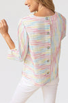 Habitat Carnival Stripe Top.  Textured stripes in rainbow colors.  Bi directional pieced panels in front and back.  3/4 loose sleeve with slit hem and button trim.  Back center button panel.  Relaxed fit._t_60126502355310